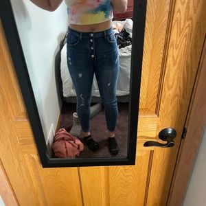 High-wasted button fly distressed skinny jeans - Large tall